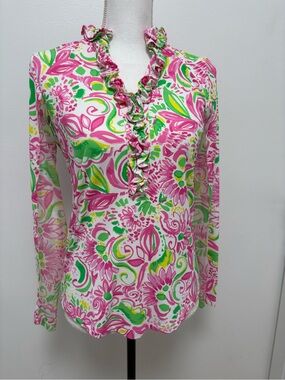 Activewear Breathable Ruffle V-Neck Floral Top